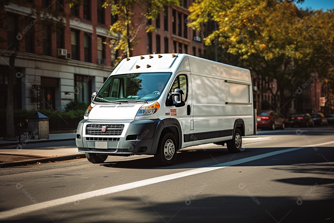Uma van de carga branca com um trailer vazio em branco