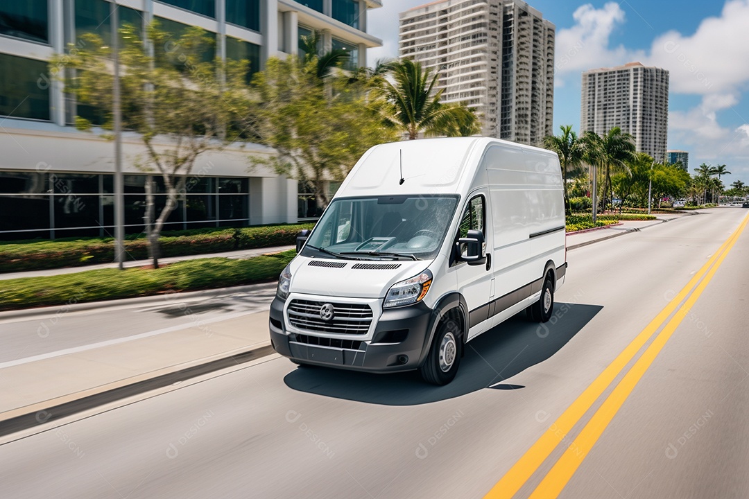 Uma van de carga branca com um trailer vazio em branco
