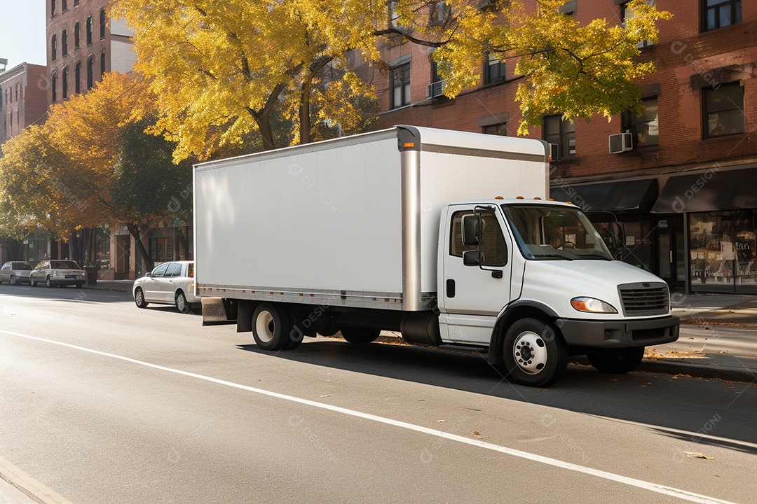 Uma van de carga branca com um trailer vazio em branco