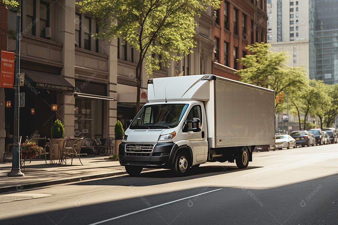 Uma van de carga branca com um trailer vazio em branco