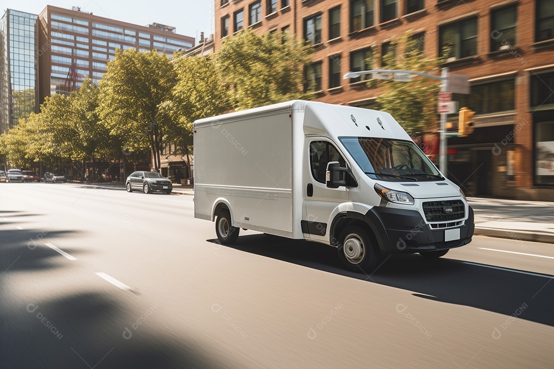 Uma van de carga branca com um trailer vazio em branco