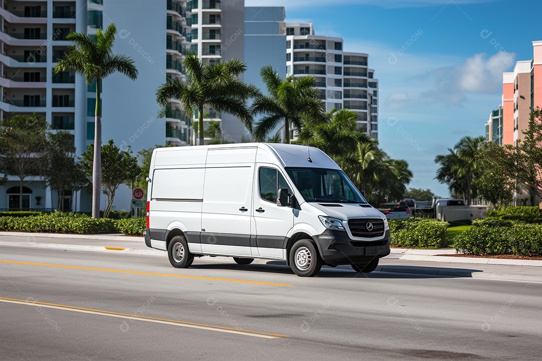 Uma van de carga branca com um trailer vazio em branco