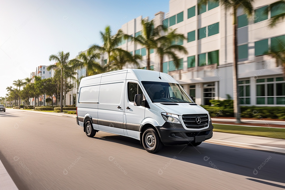 Uma van de carga branca com um trailer vazio em branco