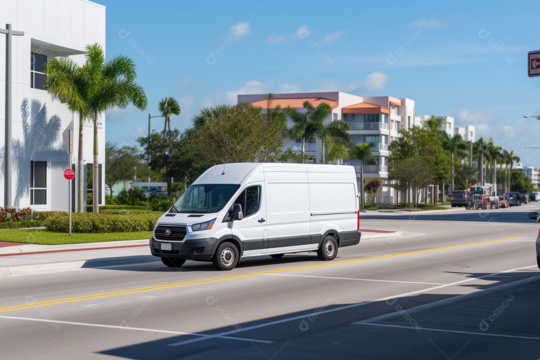 Uma van de carga branca com um trailer vazio em branco