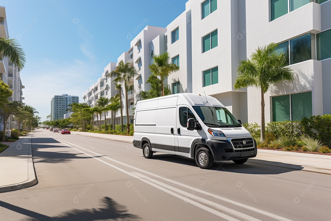 Uma van de carga branca com um trailer vazio em branco