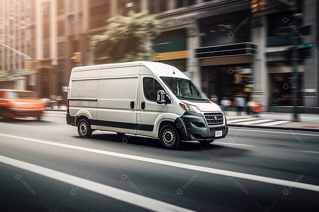 Uma van de carga branca com um trailer vazio em branco