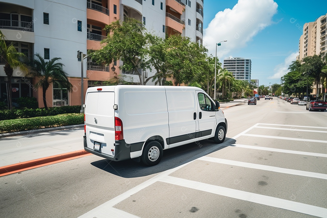 Uma van de carga branca com um trailer vazio em branco