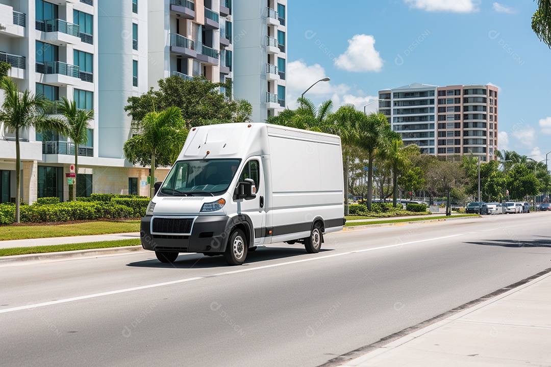 Uma van de carga branca com um trailer vazio em branco