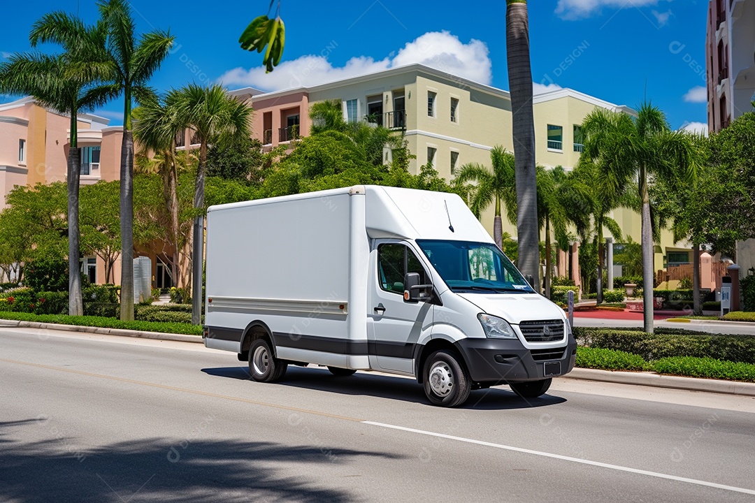 Uma van de carga branca com um trailer vazio em branco