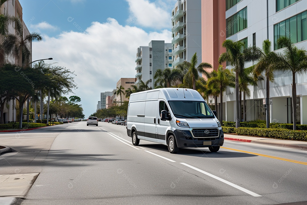 Uma van de carga branca com um trailer vazio em branco