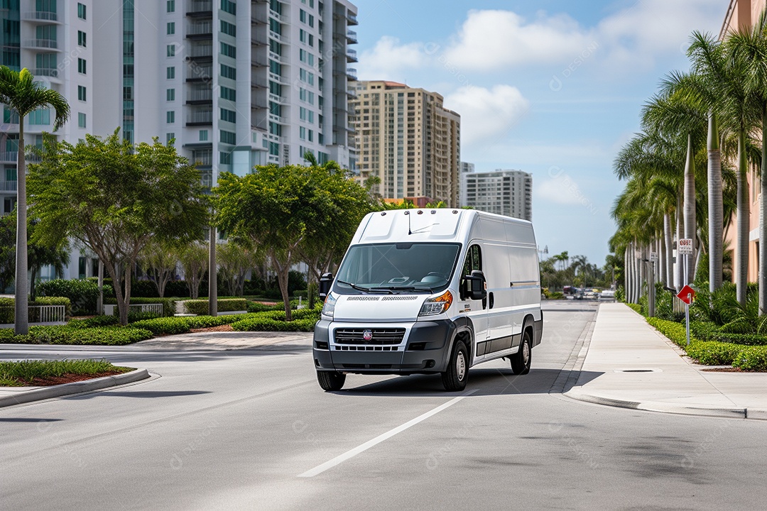 Uma van de carga branca com um trailer vazio em branco