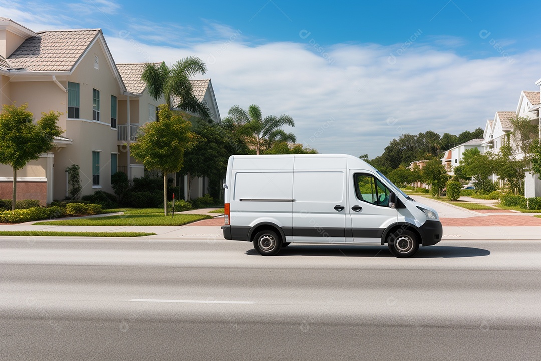 Uma van de carga branca com um trailer vazio em branco