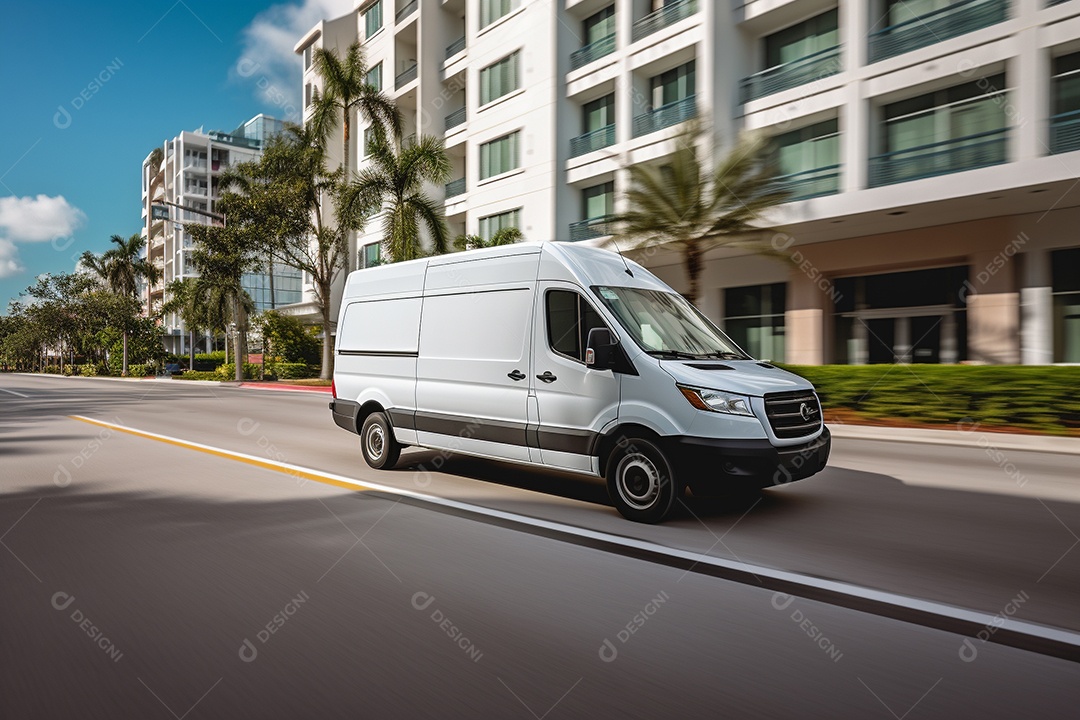 Uma van de carga branca com um trailer vazio em branco