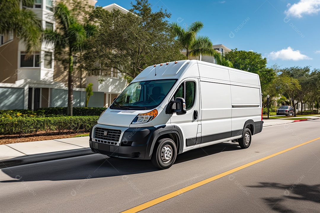 Uma van de carga branca com um trailer vazio em branco