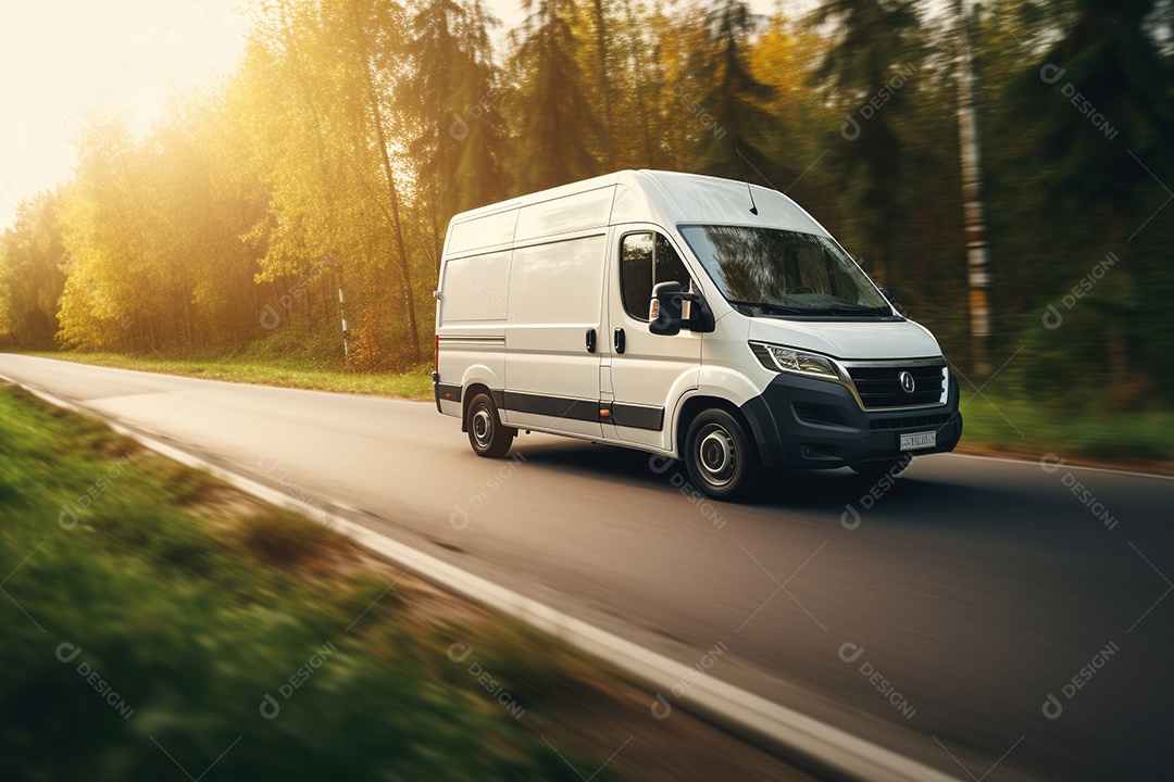 Uma van de carga branca com um trailer vazio em branco