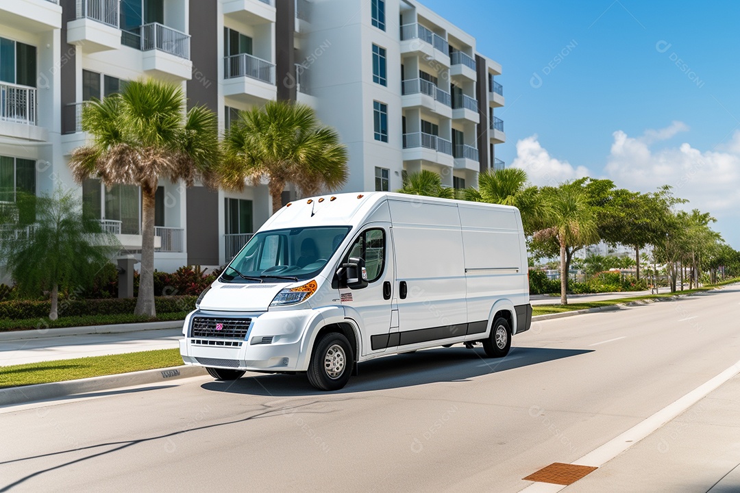 Uma van de carga branca com um trailer vazio em branco