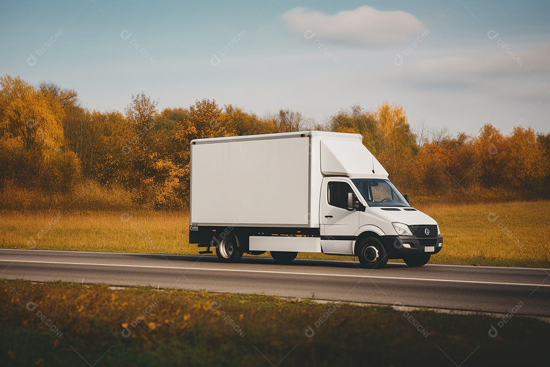 Uma van de carga branca com um trailer vazio em branco