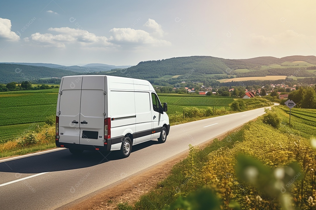 Uma van de carga branca com um trailer vazio em branco