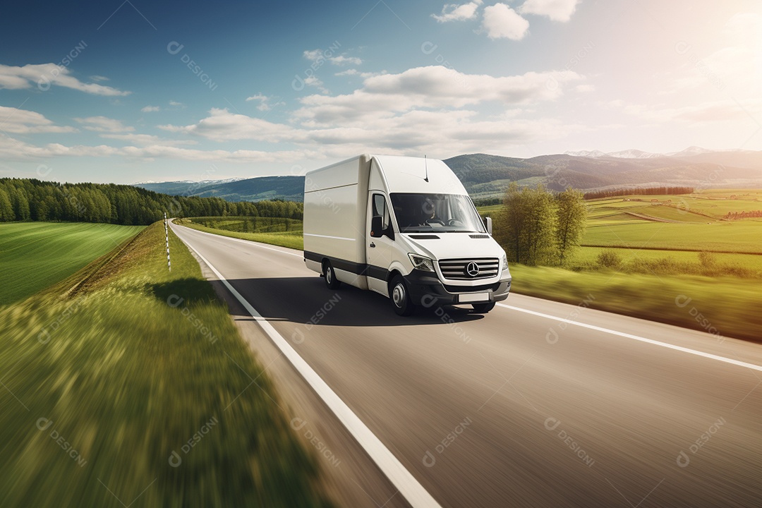 Uma van de carga branca com um trailer vazio em branco