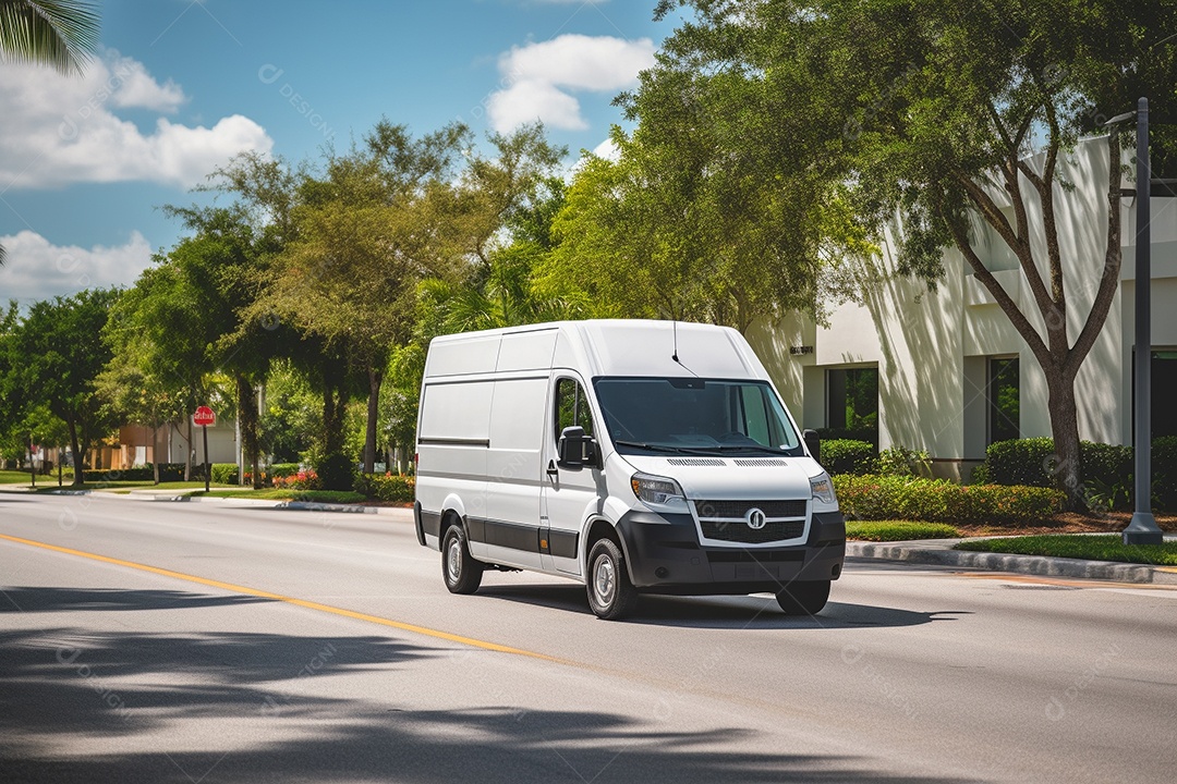 Uma van de carga branca com um trailer vazio em branco