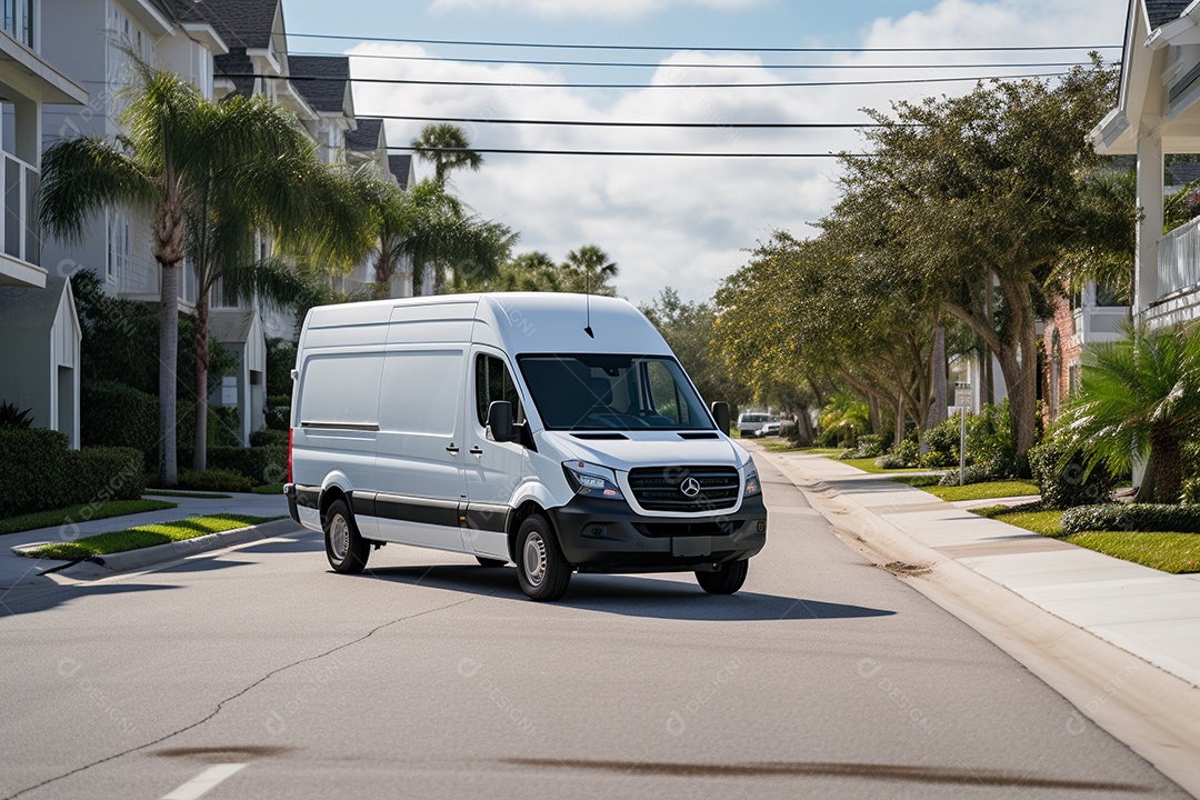 Uma van de carga branca com um trailer vazio em branco