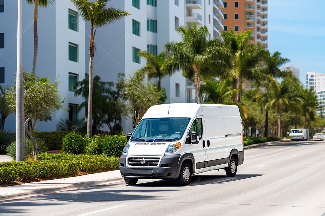 Uma van de carga branca com um trailer vazio em branco