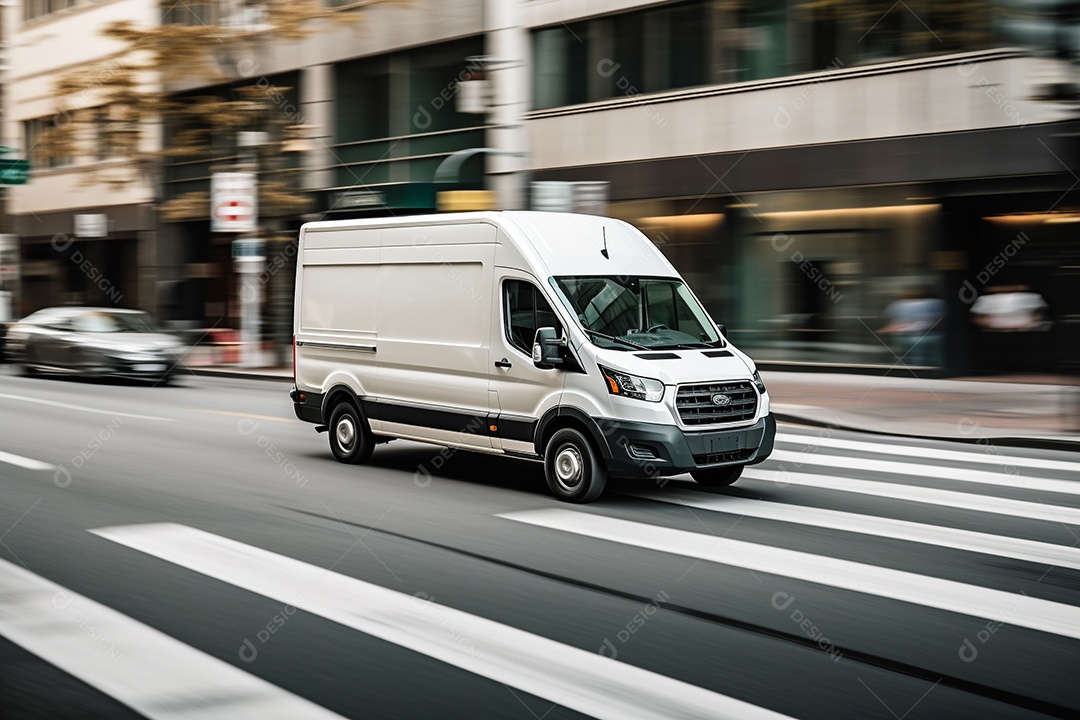 Uma van de carga branca com um trailer vazio em branco