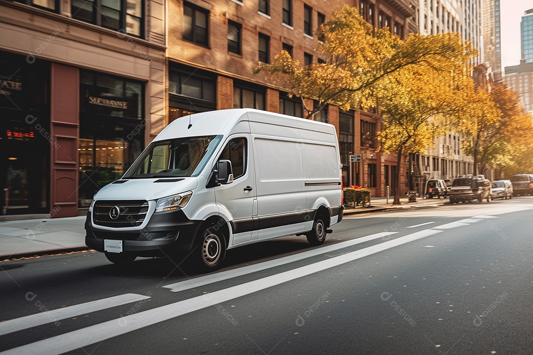 Uma van de carga branca com um trailer vazio em branco