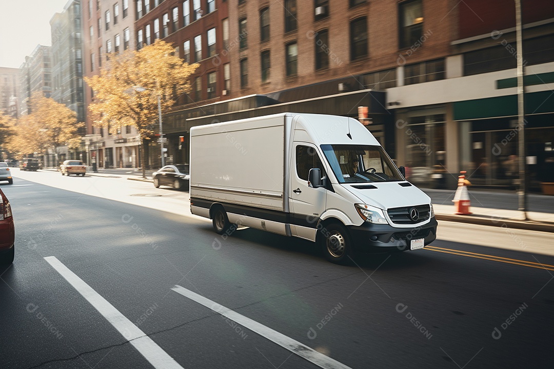 Uma van de carga branca com um trailer vazio em branco