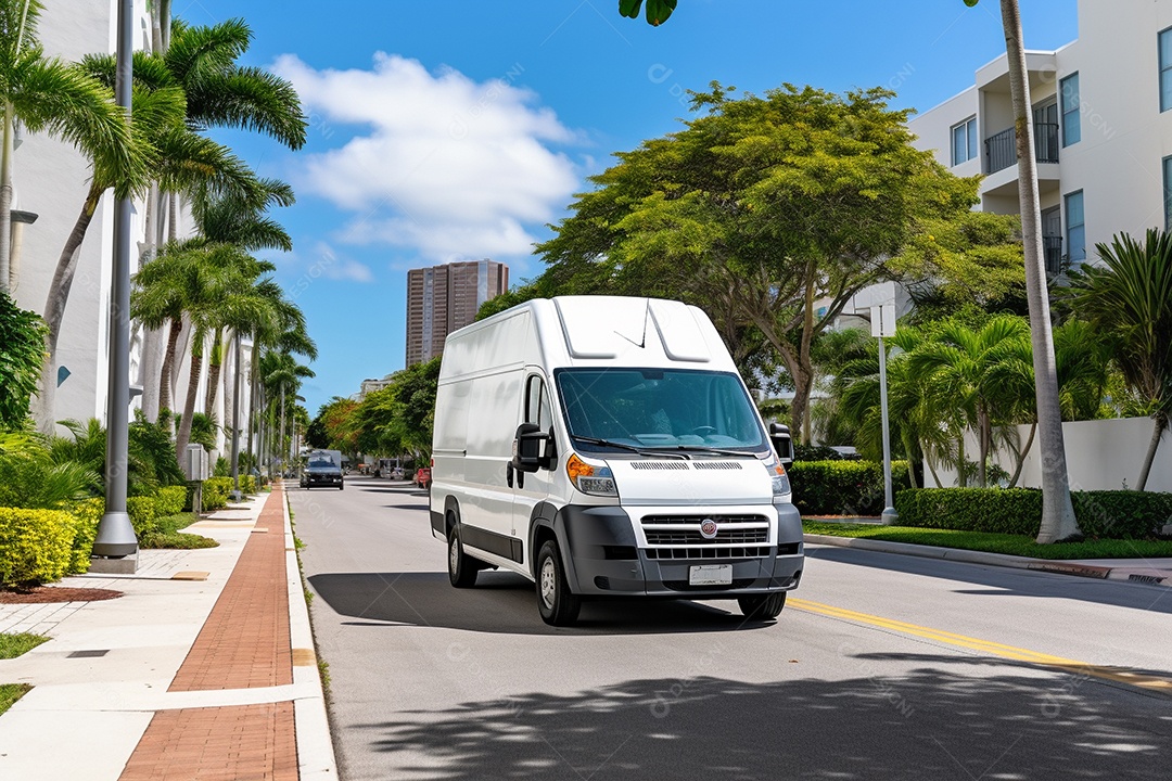 Uma van de carga branca com um trailer vazio em branco
