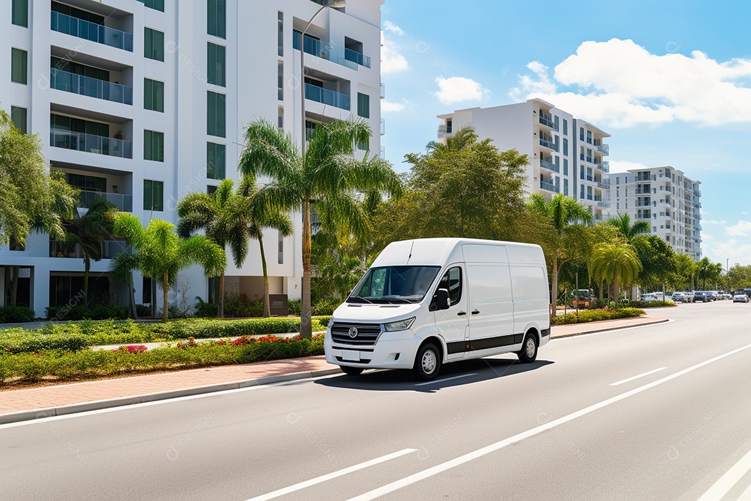 Uma van de carga branca com um trailer vazio em branco