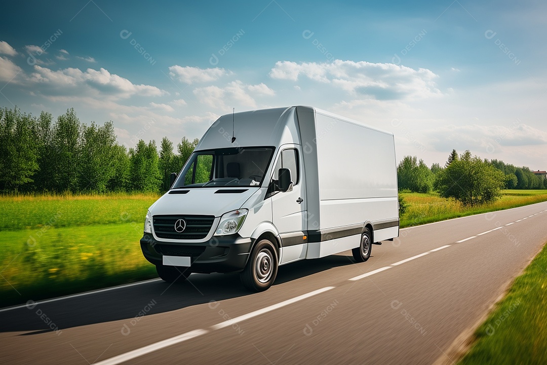 Uma van de carga branca com um trailer vazio em branco