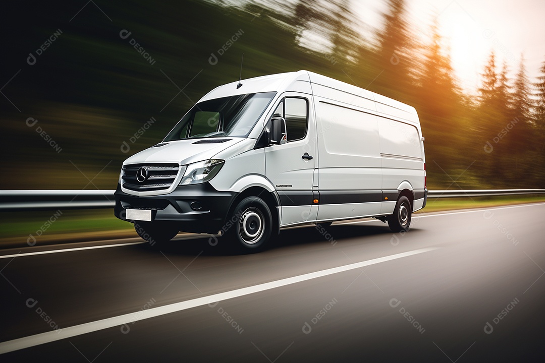 Uma van de carga branca com um trailer vazio em branco