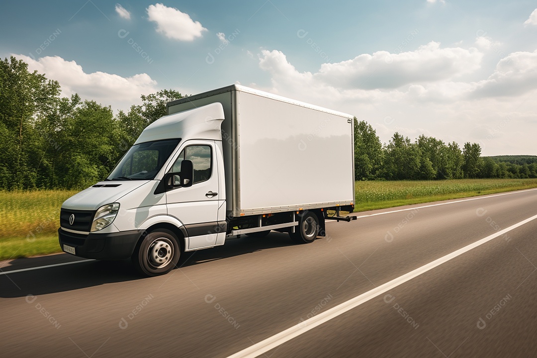 Uma van de carga branca com um trailer vazio em branco