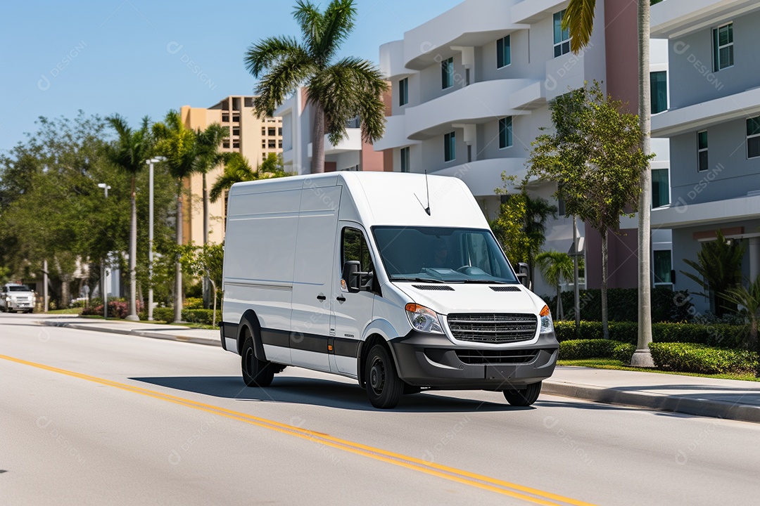 Uma van de carga branca com um trailer vazio em branco