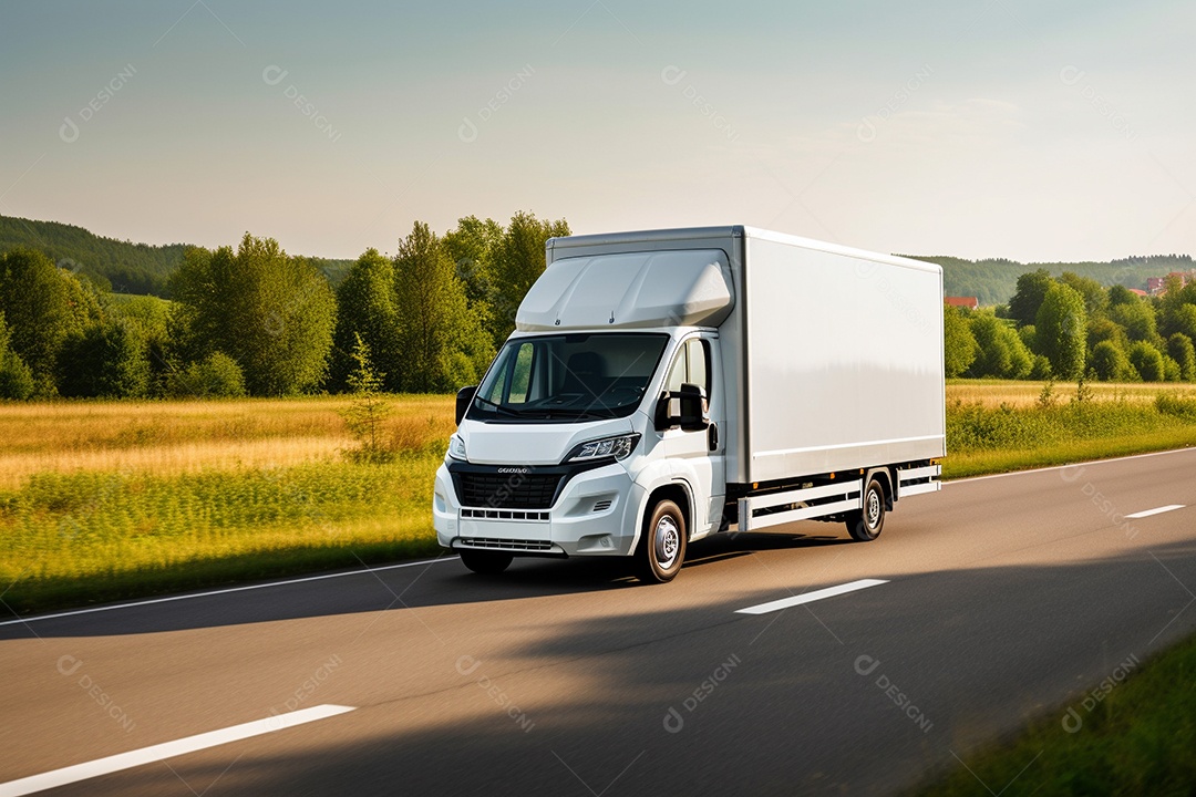 Uma van de carga branca com um trailer vazio em branco