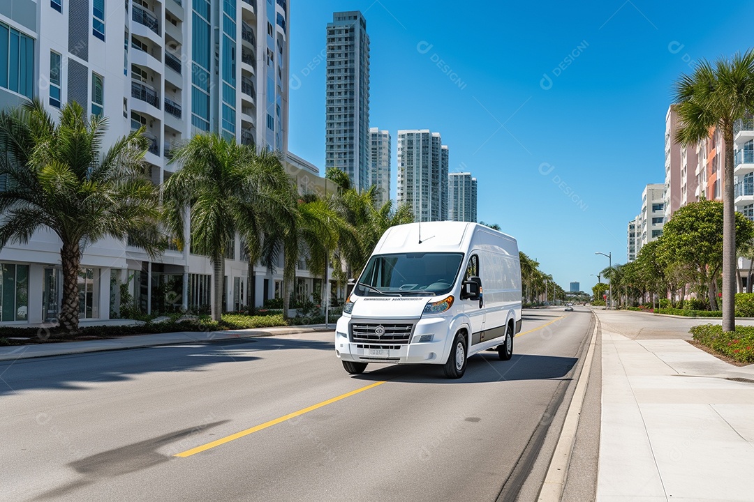 Uma van de carga branca com um trailer vazio em branco