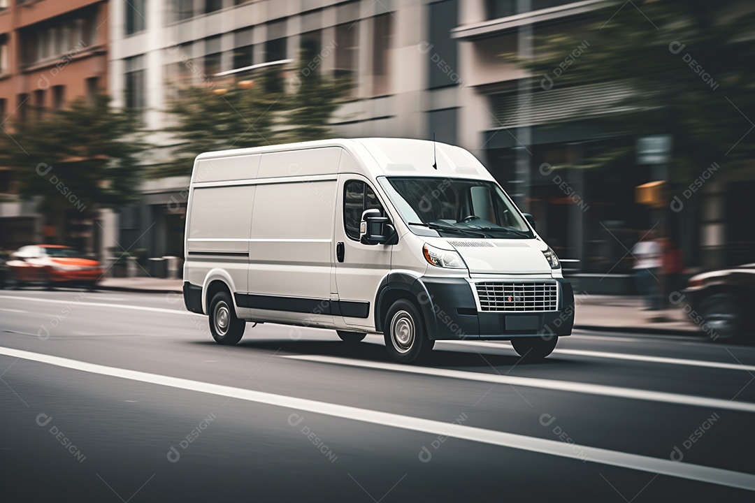 Uma van de carga branca com um trailer vazio em branco