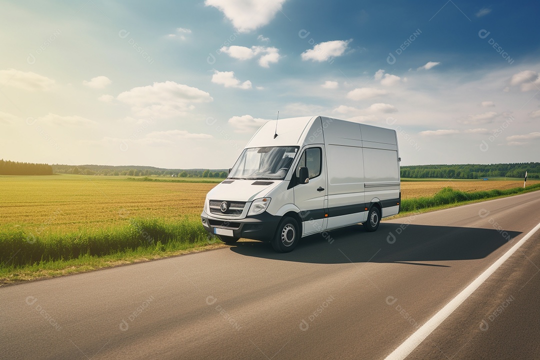 Uma van de carga branca com um trailer vazio em branco