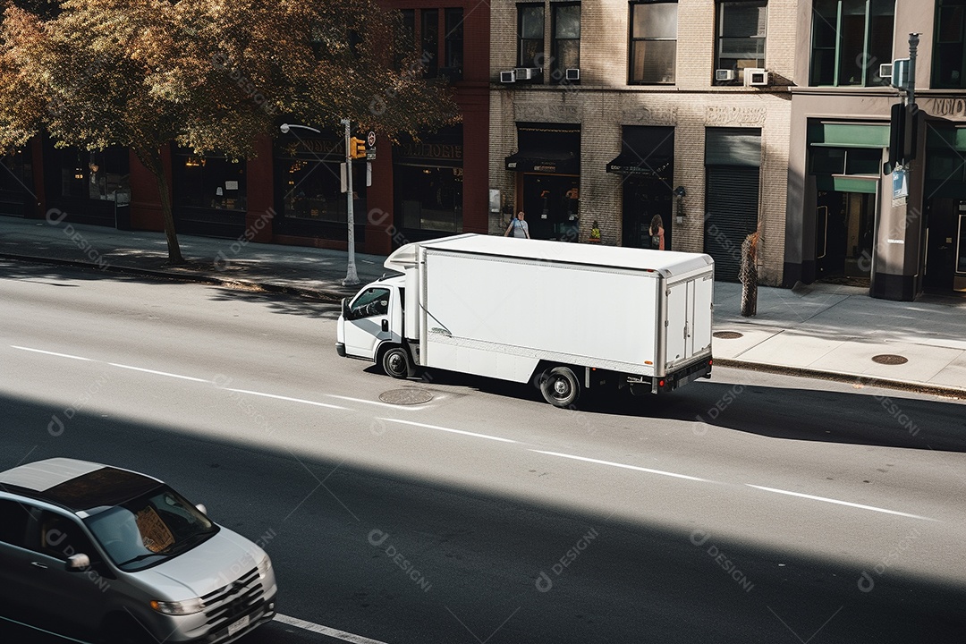 Uma van de carga branca com um trailer vazio em branco