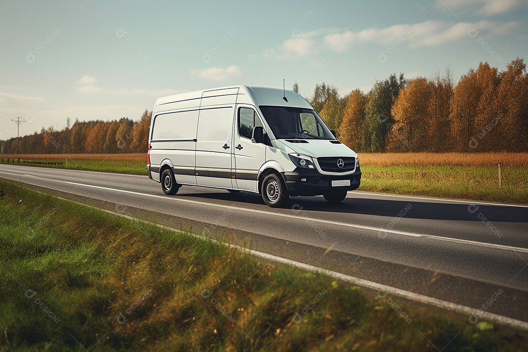 Uma van de carga branca com um trailer vazio em branco