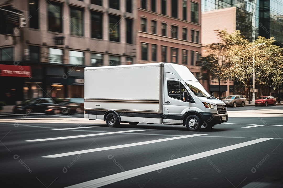Uma van de carga branca com um trailer vazio em branco