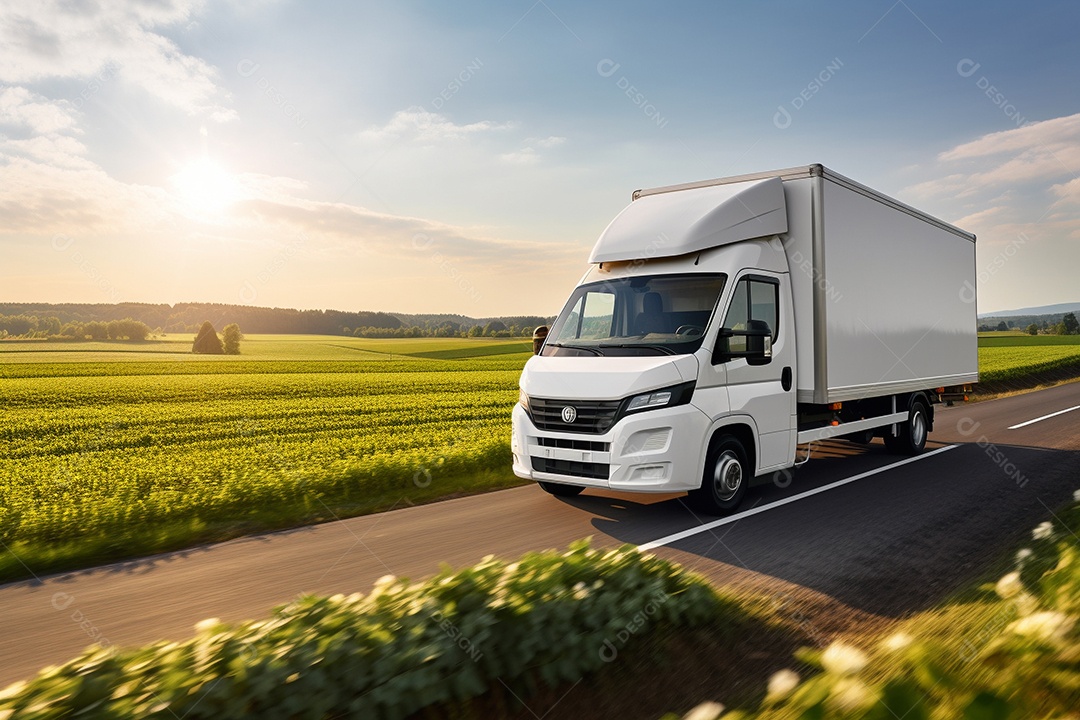 Uma van de carga branca com um trailer vazio em branco