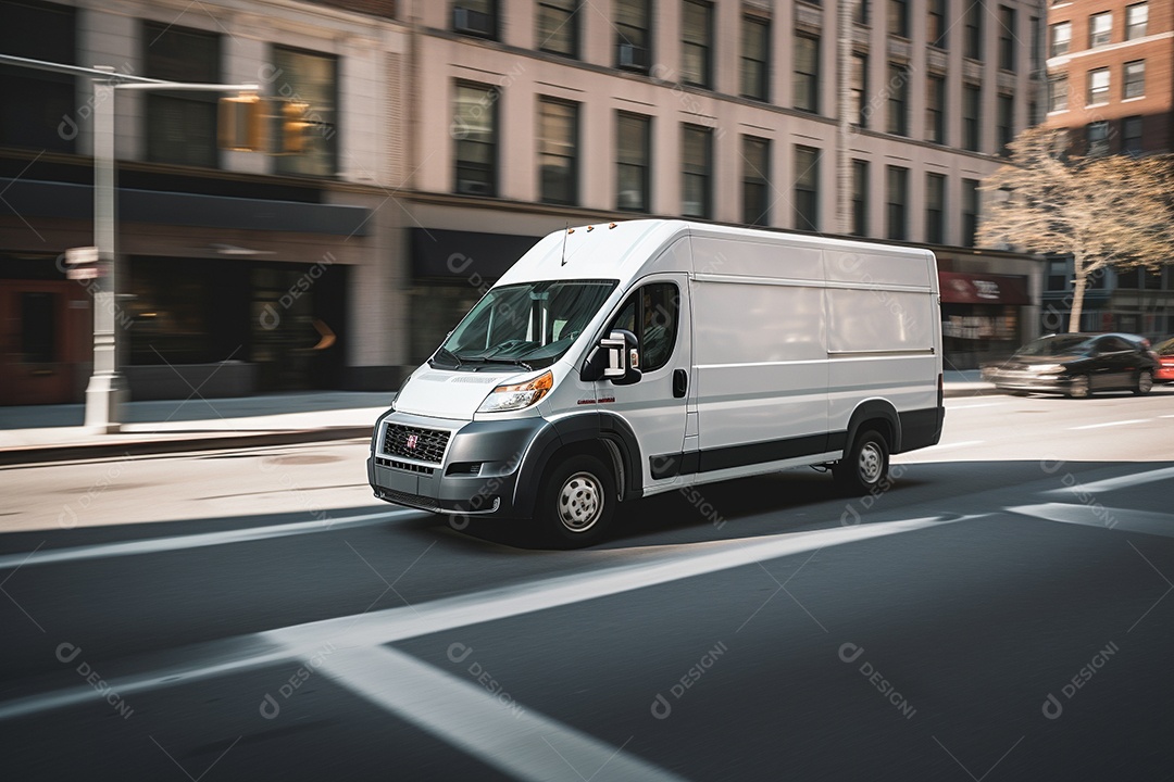 Uma van de carga branca com um trailer vazio em branco