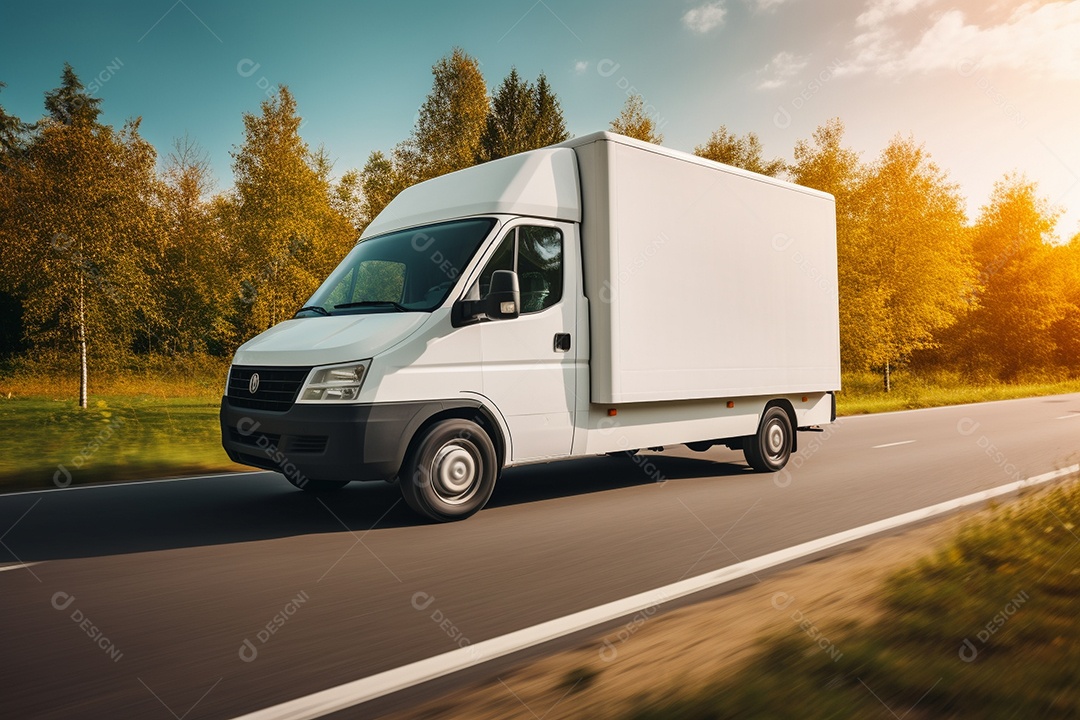 Uma van de carga branca com um trailer vazio em branco