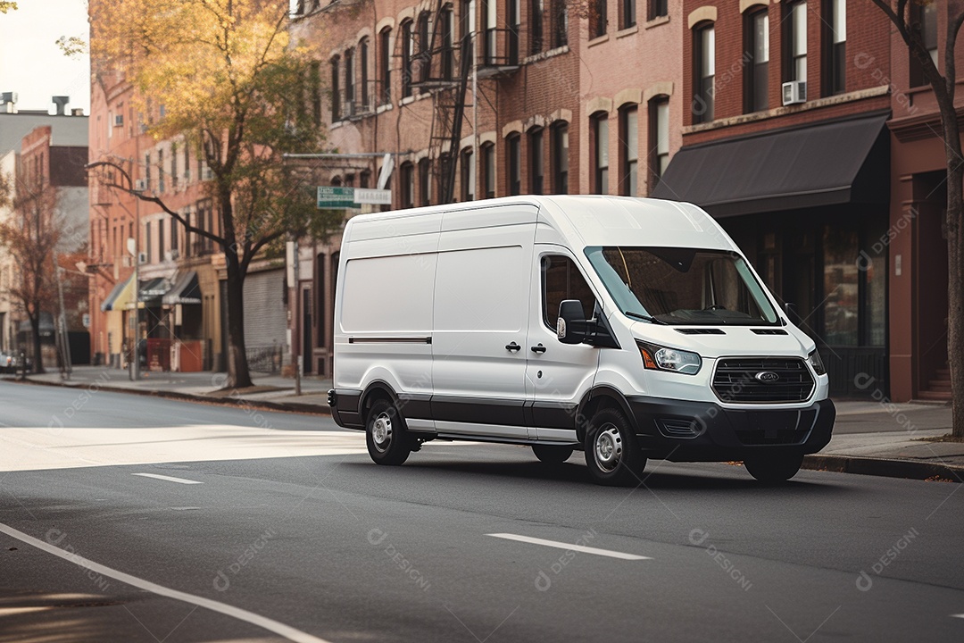 Uma van de carga branca com um trailer vazio em branco