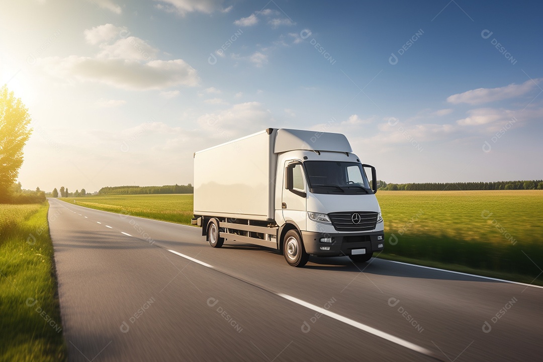 Uma van de carga branca com um trailer vazio em branco