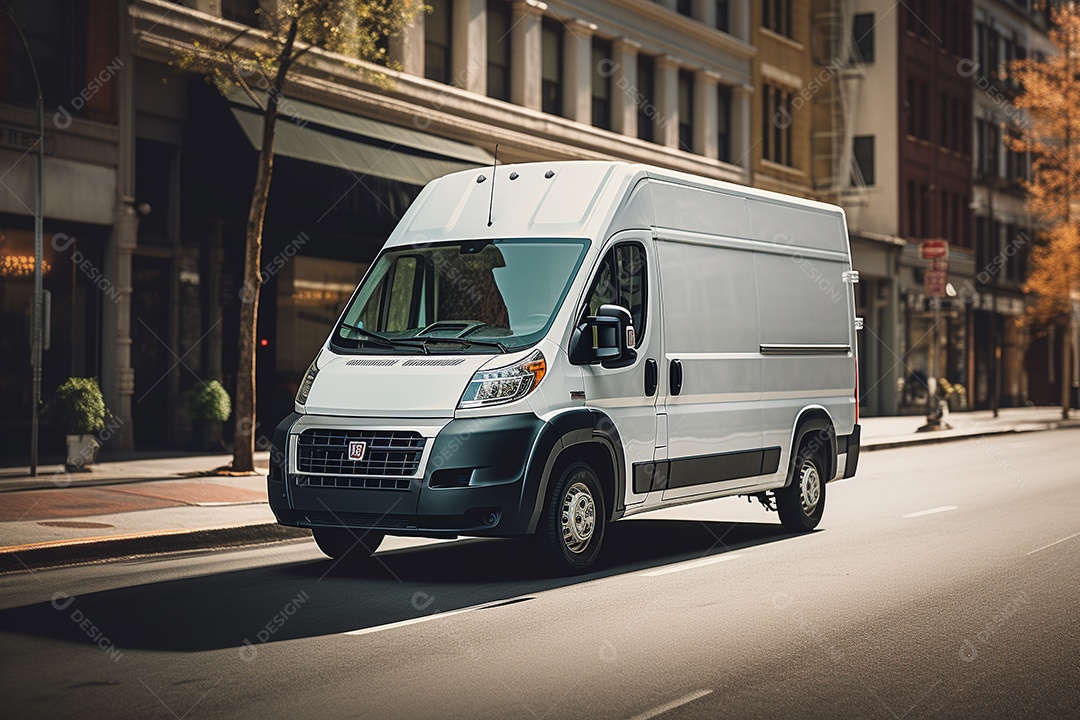 Uma van de carga branca com um trailer vazio em branco