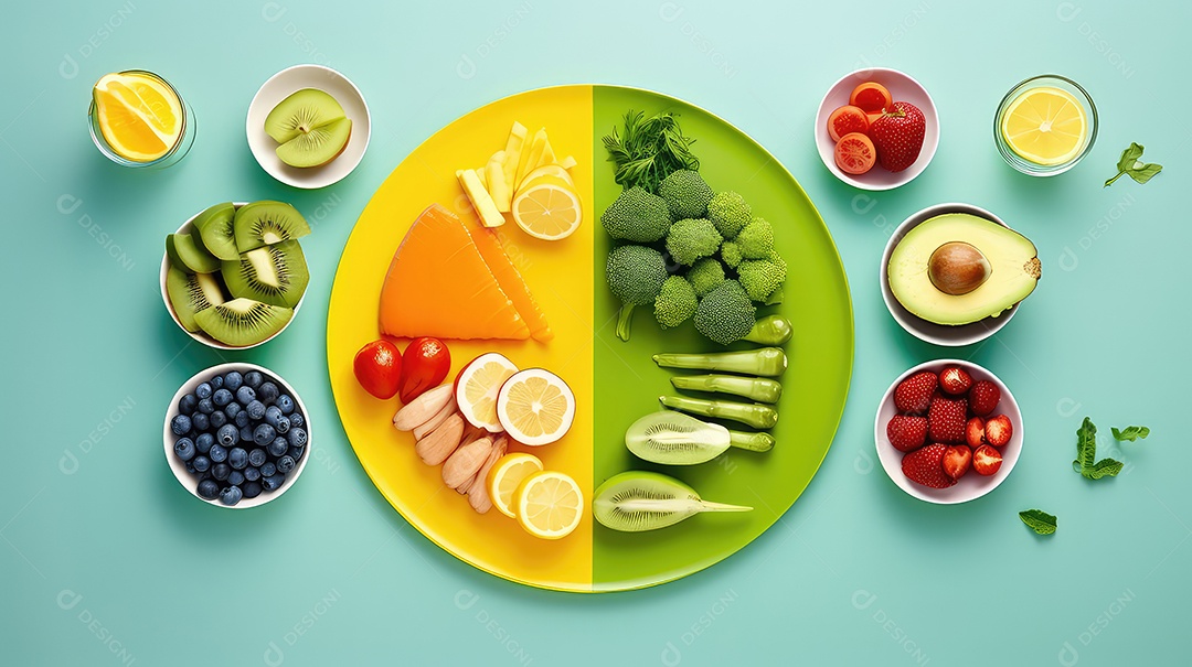 Imagem fitness com tabela alimentar sobre fundo verde