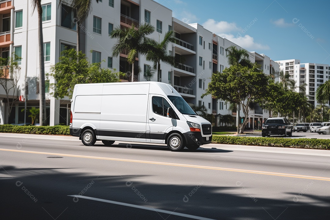 Uma van de carga branca com um trailer vazio em branco